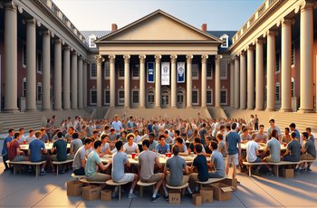 Students in formal attire gather at a Greek life awards ceremony on a university campus.