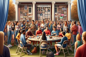 Students gathered on a college campus during Greek life recruitment, representing fraternity and sorority rush events.