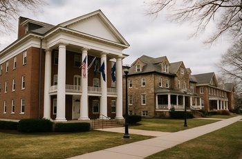 Students walking past fraternity houses on a college campus at Penn State University