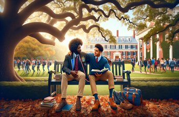College student studying at a desk with fraternity composite photo on the wall in background