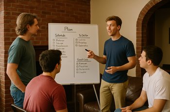 Chapter members gathered around a whiteboard planning a Greek life event at a fraternity house