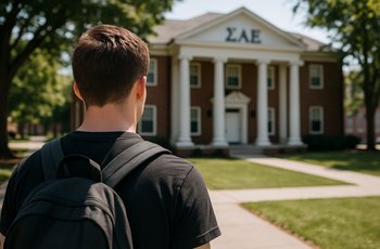 College campus building with Greek organization flags, representing fraternity and sorority life policy discussions at Radford University.
