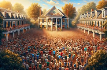 Students gathered outside a fraternity house during recruitment week at the University of Virginia.