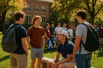 College students talking during IFC fraternity recruitment on a university campus in late summer.