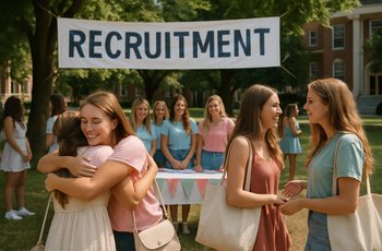 Groups of women gathered outside a sorority house during formal recruitment on a college campus