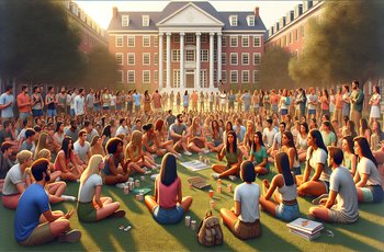 Young women in formal attire participating in sorority recruitment on a college campus.