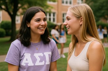 Two college women sitting across from each other having a genuine conversation during sorority rush recruitment