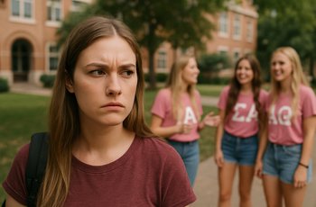 Women in business casual attire sitting in a sorority house living room during formal recruitment rounds