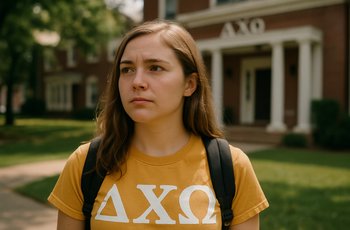 College students talking during Greek life recruitment event on a sunny campus quad.