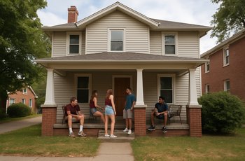 A residential house near a college campus, typical of off-campus fraternity satellite housing arrangements.