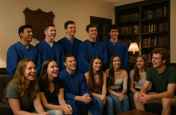 Fraternity seniors gathered in a chapter room during a senior sendoff ceremony before graduation.