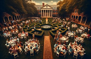 Fraternity brothers gathered in a circle during a senior sendoff ceremony on a college campus.