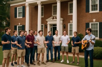 Fraternity members standing in formation outside a sorority house during a campus serenade tradition.