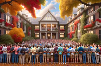 Fraternity members standing in formation outside a sorority house preparing to serenade during a Greek life tradition.