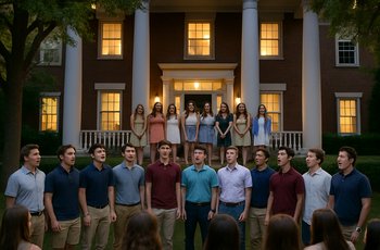 Brothers from a fraternity standing outside a sorority house performing a serenade during a spring Greek life tradition.