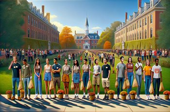 Greek life members in matching chapter shirts preparing for a community service event at a university campus.