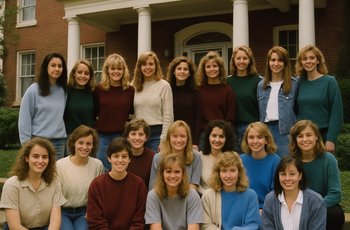 A group of sorority women posing together at a campus event, smiling and wearing matching letters.