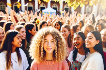 Sorority members standing together outside a Greek house on a college campus during a chapter event.