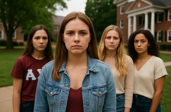 Students gathered outside a sorority house on a college campus during a Greek life event.