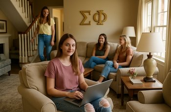 Women gathered in a sorority house common room studying and talking during the afternoon