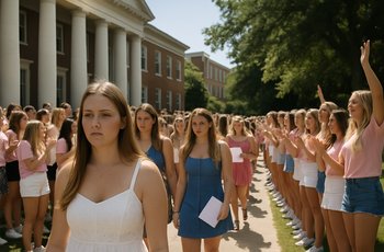 Women walking through a college campus during Panhellenic sorority recruitment weekend, dressed in coordinated outfits.