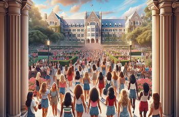 Women walking between sorority houses during formal Panhellenic recruitment on a college campus.
