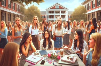 Young women in formal attire walking between sorority houses during Panhellenic recruitment week on a college campus.