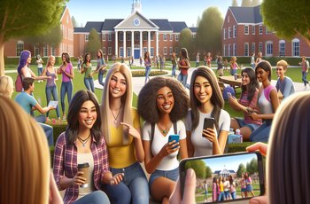 Women filming a sorority recruitment video on a college campus with a smartphone and ring light setup.