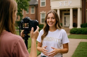 A group of sorority women posing together during recruitment week on a college campus lawn.