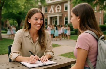 Young women walking across a university campus during Greek recruitment week