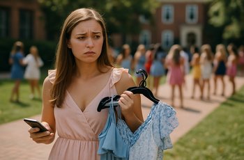 Young women in business casual attire walking between sorority houses during formal recruitment week on a college campus.