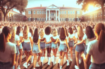 Women in formal attire walking in organized lines during sorority Panhellenic recruitment on a college campus.