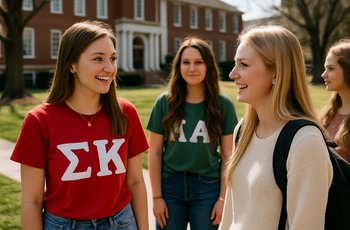 Students gathered on a small college campus during Greek life recruitment, with sorority chapter banners displayed.