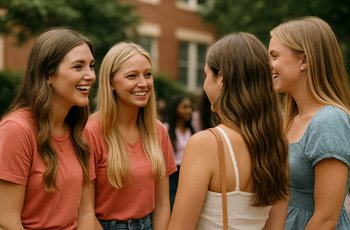 Two sorority members having a genuine conversation with a potential new member during formal recruitment.