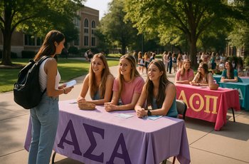 Students sitting at recruitment tables during formal Greek life rush week on a college campus.