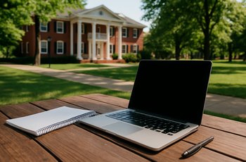 College student sitting outside with a notebook and laptop, preparing notes for Greek life recruitment season.