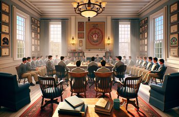 Fraternity brothers gathered around a table in a chapter house study room, reviewing notes before a chapter meeting.