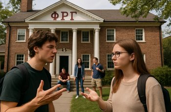 Students walking past a row of fraternity and sorority houses on a college campus in autumn.