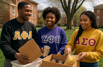 Members of a National Pan-Hellenic Council organization participating in a community service event on a college campus.