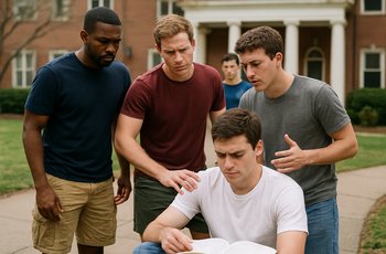 Fraternity new members sitting together at an on-campus chapter meeting during the pledge process.