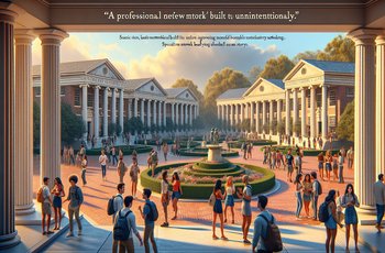 College campus quad with fraternity and sorority members gathered near steps, talking in small groups