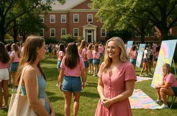 Young women in matching outfits gathered on a college campus quad during sorority recruitment week.