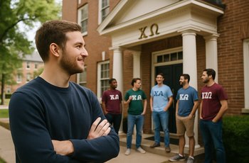 Sorority alumna reflecting on her Greek life experience after graduation, sitting with old chapter photos.