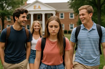 College student scrolling through social media content about fraternity and sorority life on a smartphone