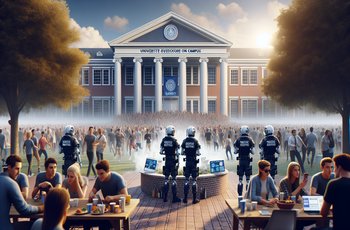 Students gathered outside a Greek life chapter house on a college campus during an organized event.