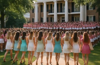 Women walking in lines during sorority recruitment at the University of Alabama, dressed in formal attire on campus.