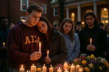 Students gather at a candlelight vigil on a college campus to memorialize a student who died during hazing.
