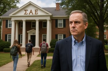 Students walking past a row of Greek chapter houses on a university campus on a cloudy afternoon.
