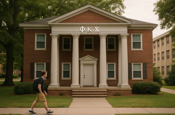 Students walking past a row of sorority and fraternity houses on a college campus on a sunny afternoon.