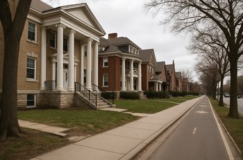 Langdon Street in Madison Wisconsin showing Greek chapter houses along the tree-lined residential corridor near campus.